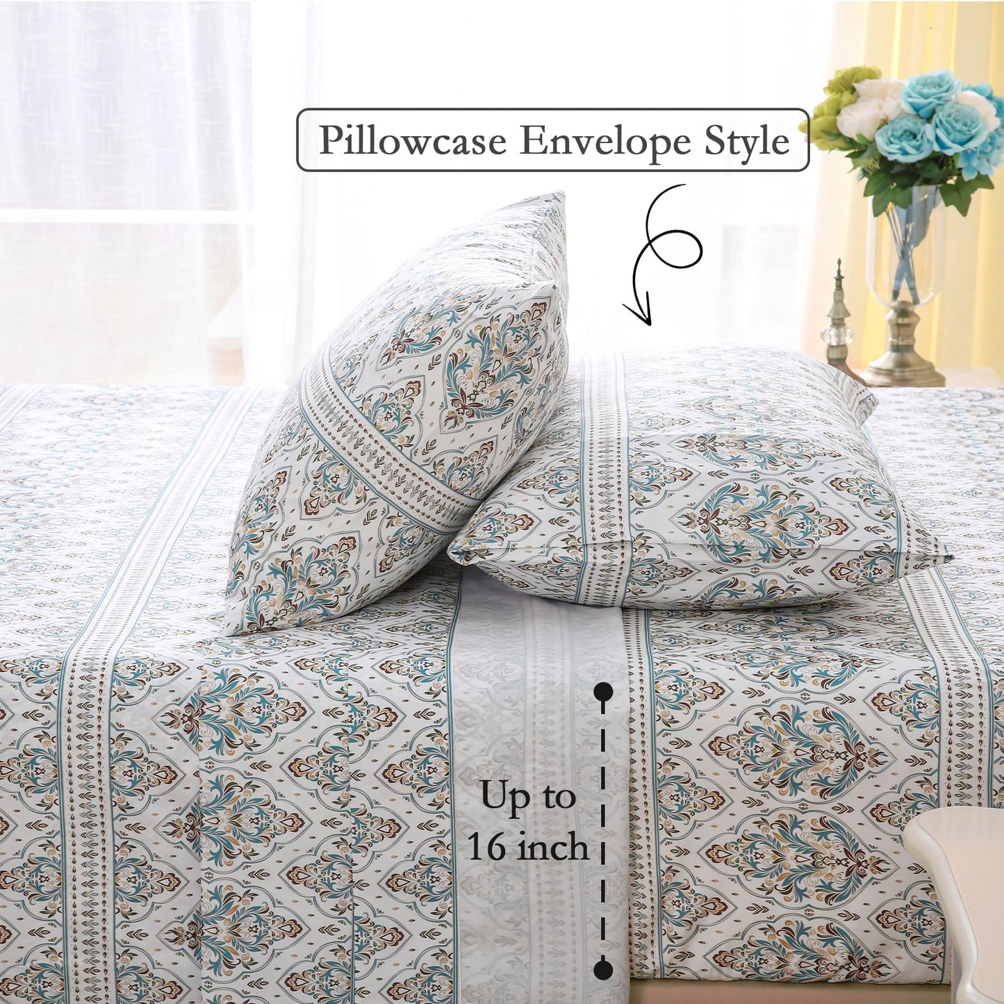 ChicView King Size Paisley Printed Sheet Set,4 Pieces Boho Style Breathable Soft Microfiber Bedsheets, Anti Pilling Deep Pockets Easy Care Bed Sheets, White Green