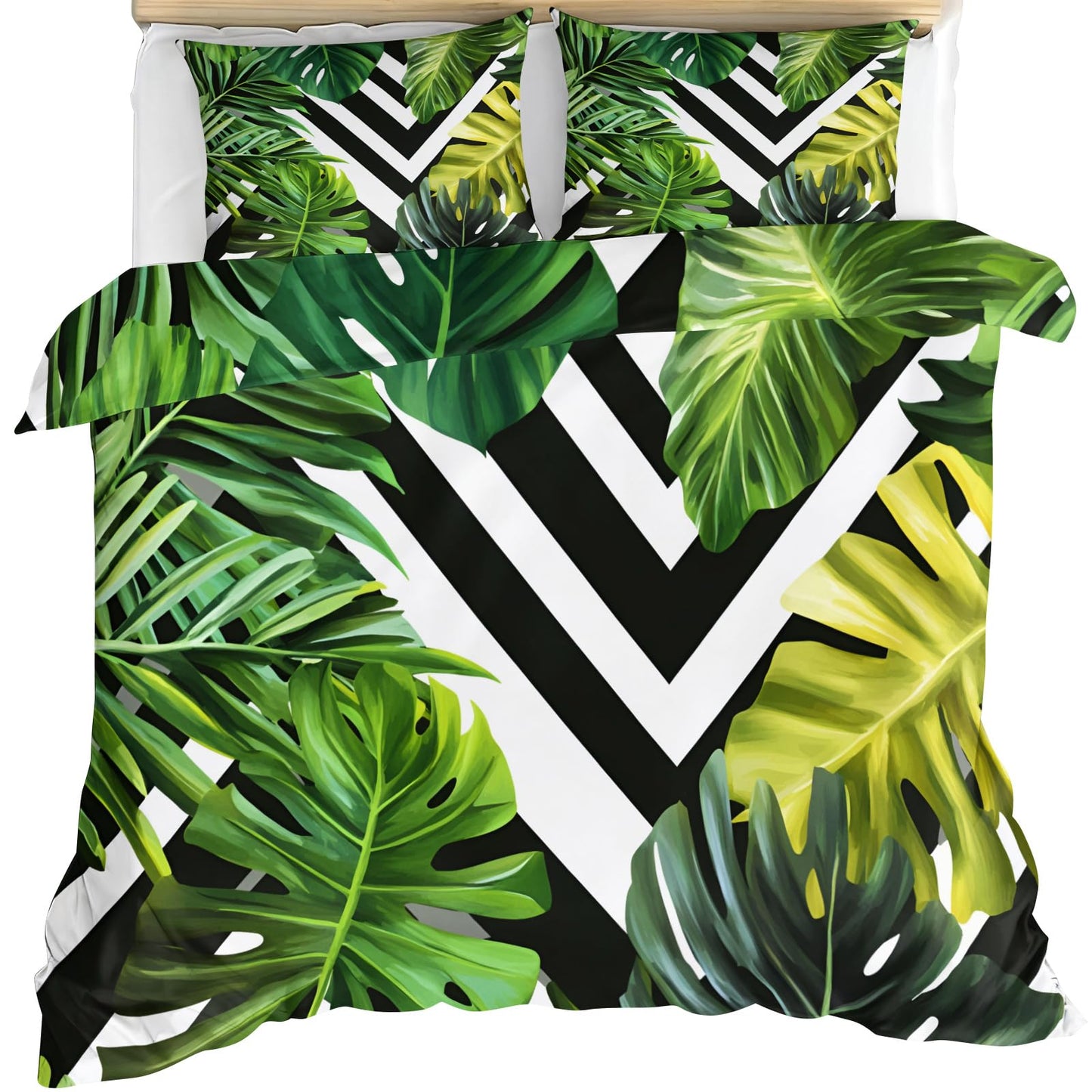 GKPLY Tropical Leaves Bedding Duvet Cover, Monstera Comforter Set with Zipper, Green Print Duvet Cover Queen, 3 Pieces Bedding & Bedroom Decor, 2 Pillowcases