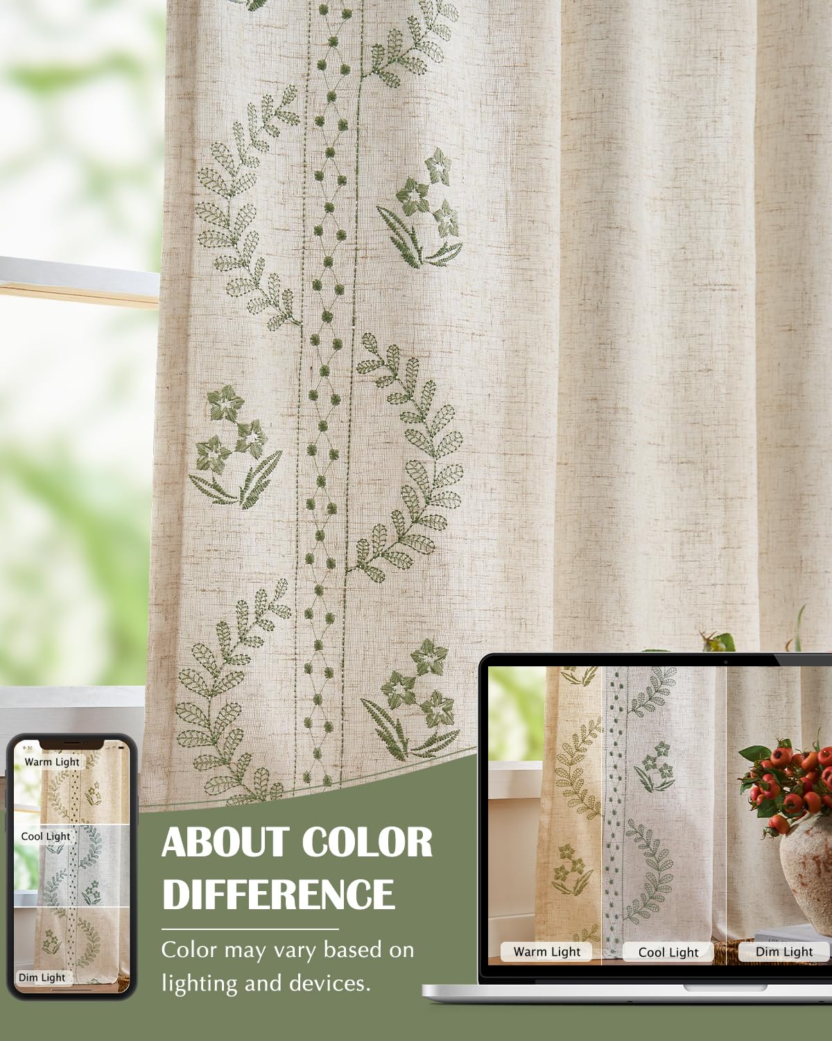 jinchan Belrose Lined Linen Blend Curtains Floral Curtains for Bedroom 96 Inch Length Sage Green Embroidered Drapes Rod Pocket Farmhouse Flower Drapes for Living Room Window Treatments Set 2 Panels