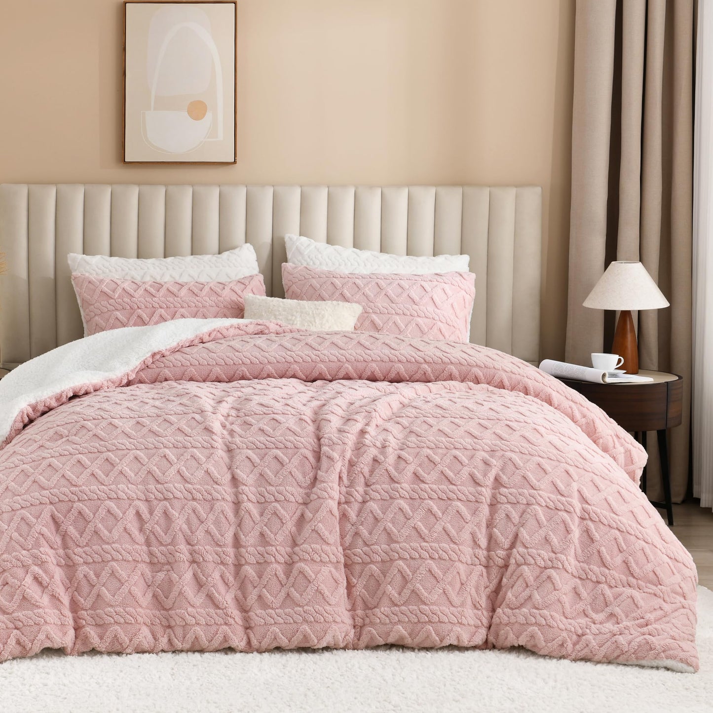 Andency Fluffy Sherpa Full Comforter Set, Super Soft Blush Fleece Warm Bedding for Winter, Luxury Jacquard Boho Thick Fuzzy Plush Bed Set 3 Pieces(1 Shaggy Comforter, 2 Pillowcases)