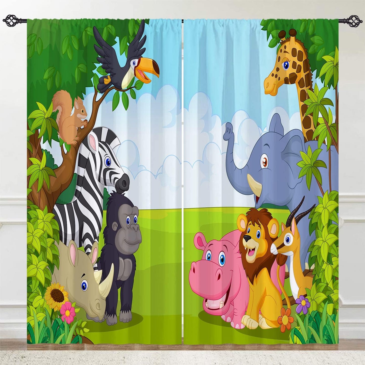 YUANZU Kids Animal Curtains W42 x L63 Inch Rod Pocket Jungle Safari Wildlife Zoo Elephant Giraffe Lion Print Pattern Privacy Fabric Window Drapes for Boys Bedroom Nursery Baby Playroom 2 Panels