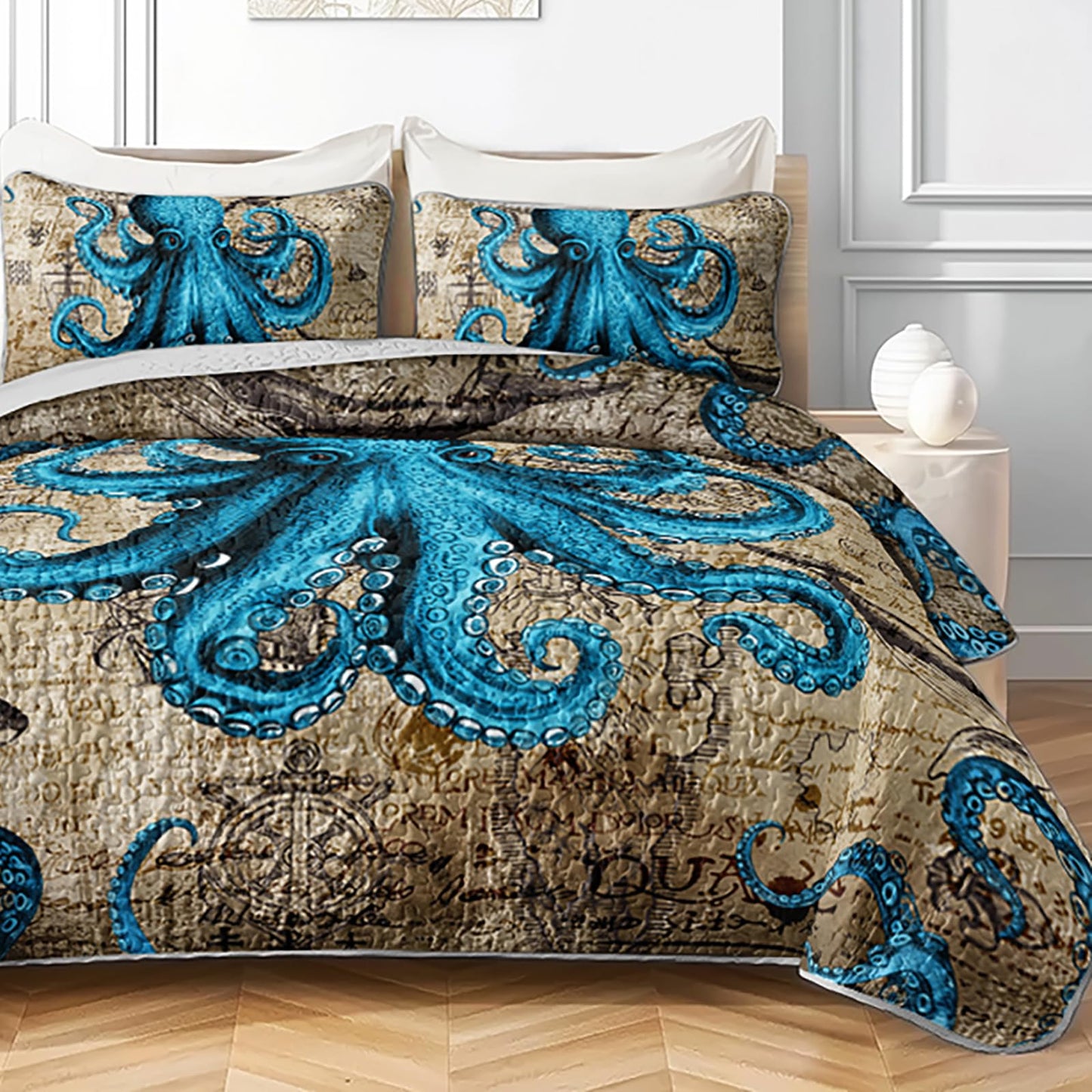 AILONEN Ocean King Bedspread Coverlet,Blue Octopus Nautical Vintage Map Theme Bedding Quilt,2 Pillowcases,Lightweight Microfiber