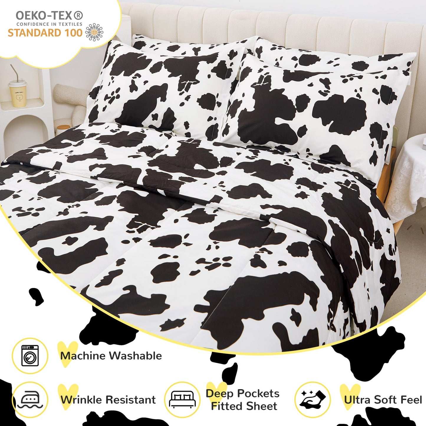 Viviland Kids Full Bedding Sets for Girls, Boys Soft Full Comforter Set with Sheets, 7 Pieces Microfiber Bed in a Bag, Cow Animal