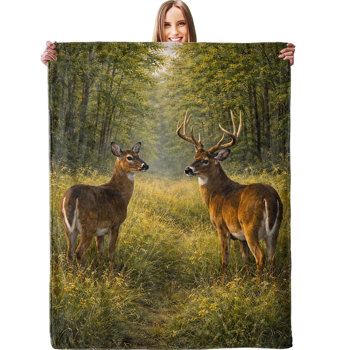dhakalrlde Deer Forest Blanket, Soft Wildlife Buck and Doe Nature Scene Throw Woodland Animal Blanket Gifts for Women Girls, Lightweight Warm Cozy 60×50 inch Flannel for Couch, Travel, Bed, Decor