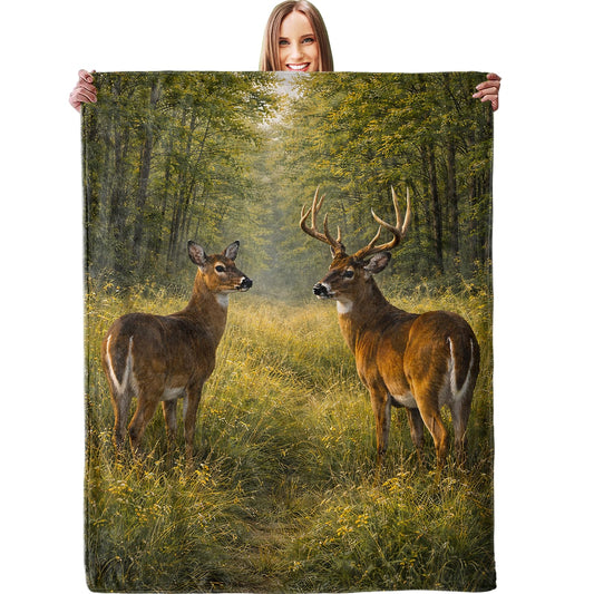 dhakalrlde Deer Forest Blanket, Soft Wildlife Buck and Doe Nature Scene Throw Woodland Animal Blanket Gifts for Women Girls, Lightweight Warm Cozy 60×50 inch Flannel for Couch, Travel, Bed, Decor