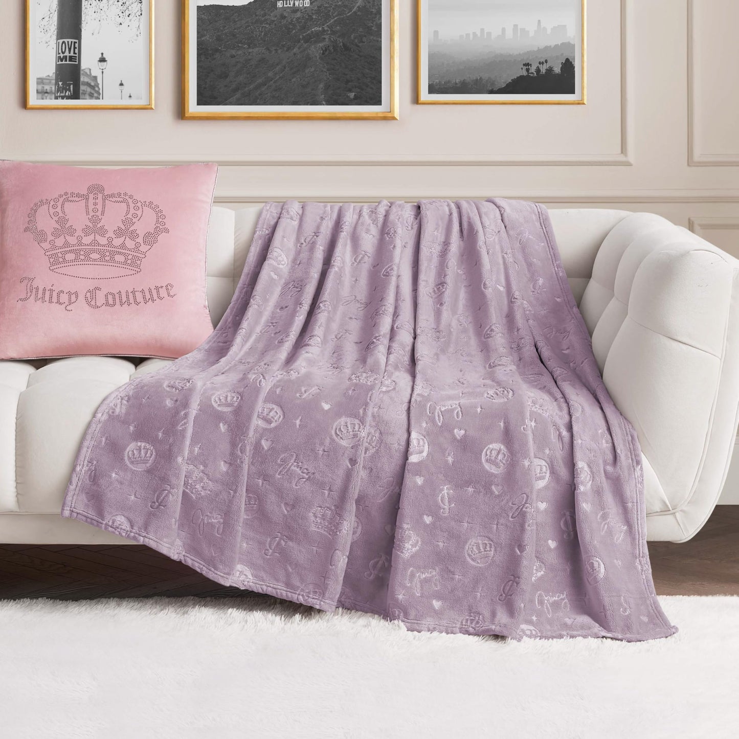 Juicy Couture Embossed Plush 60"x70" Oversized Throw Blanket, Emblem Toss Lavender Purple