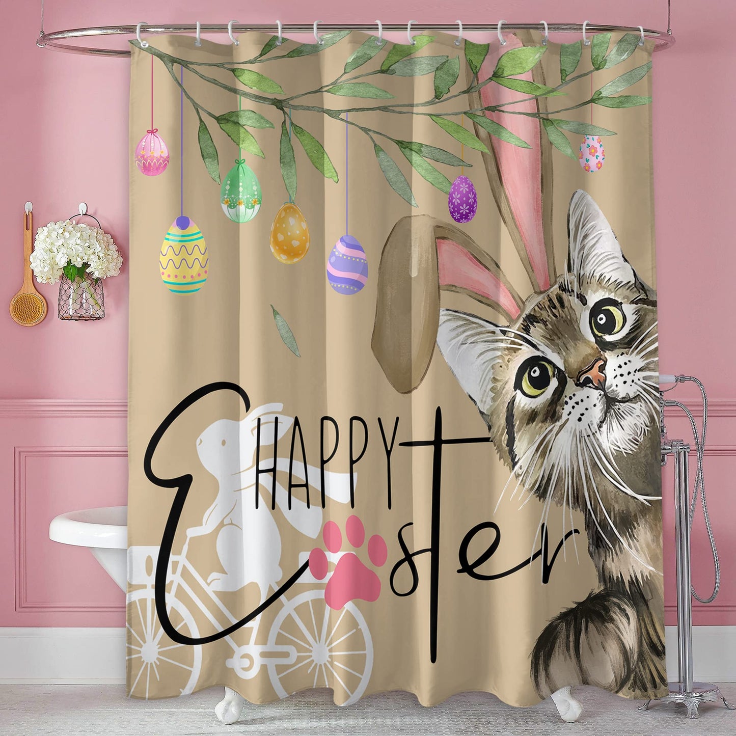 Roszwtit Happy Easter Shower Curtain, Easter Cat Bunny Shower Curtains for Bathroom, Spring Easter Eggs Home Decor Waterproof Fabric with Hooks 72x72 Inch