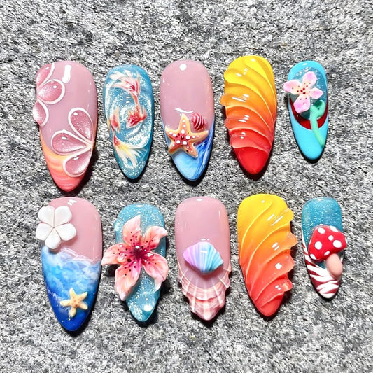RUOKEXIN Almond Press on Nails French Tip Fake Nails Beach False Nails with 3D Flower Shell Designs Medium Nail Press ons Summer Sparkly Artificial Nails for Women 30Pcs