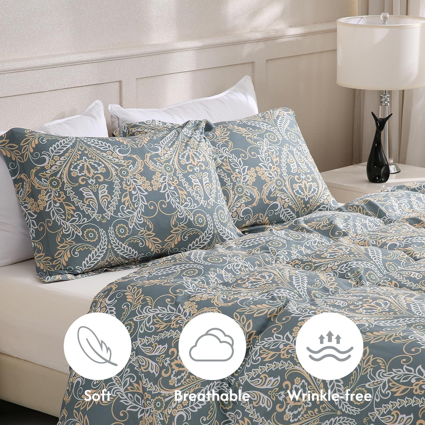 LONAVA Queen Paisley 3 Pcs Duvet Cover Set, Breathable Soft Microfiber Grey Lining Comforter Cover with Zipper Closure, and 2 Anti-Pilling, Fade Resistant Pillowcases, Green Pasliey