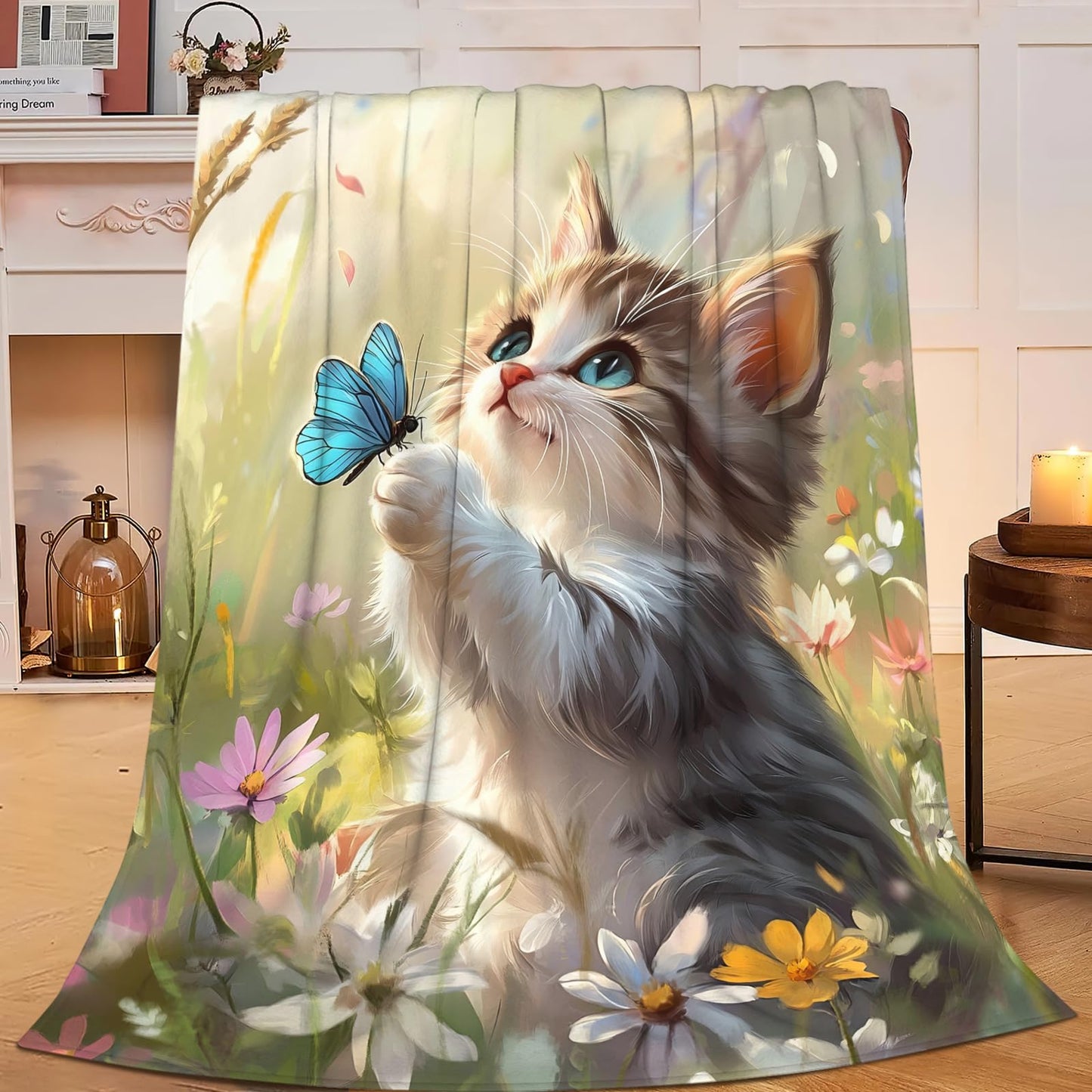 Baegopa Cat Blanket Gifts for Girls Boys Blue Butterfly Throw Blankets Cozy Plush Cute Flower Fleece Lightweight Flannel Fuzzy 50"X40"