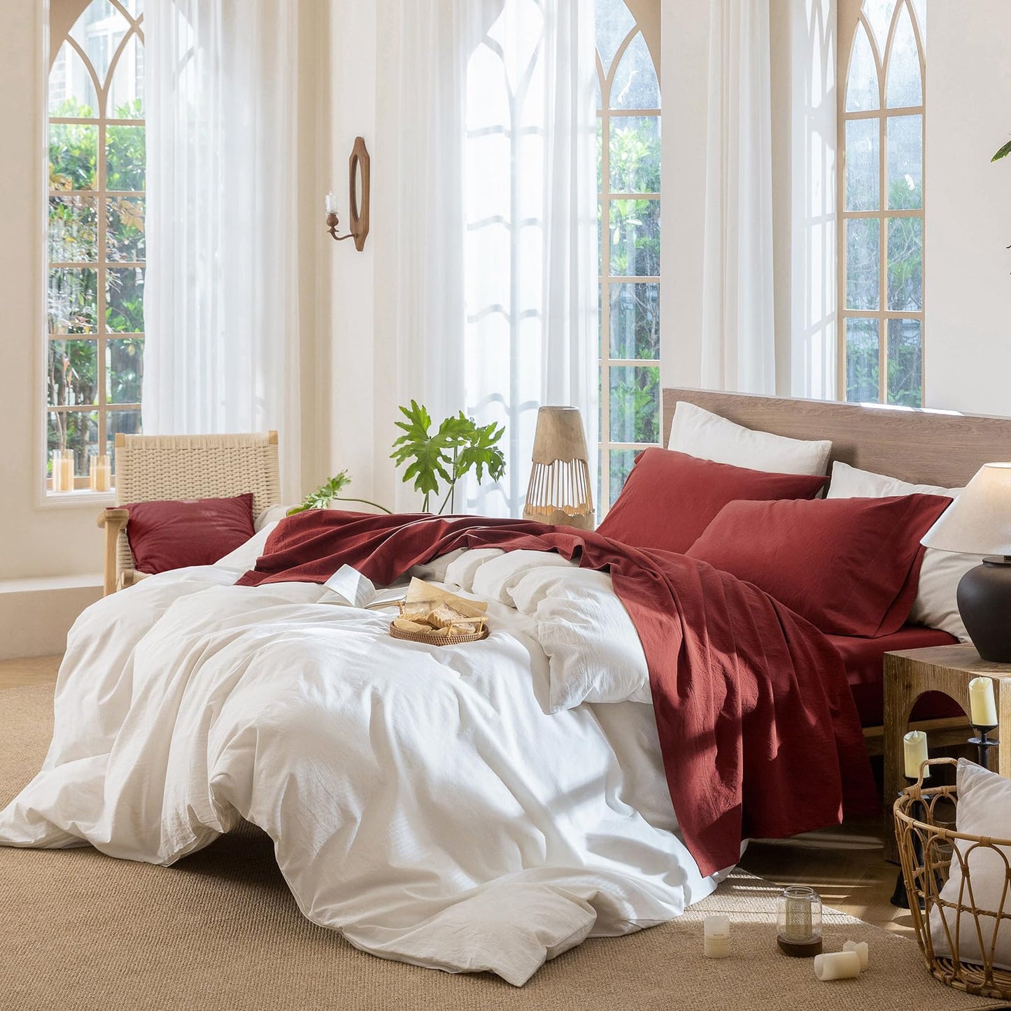 MooMee Fitted Bottom Sheet Only 100% Washed Cotton Linen Like Textured Breathable Durable Soft Comfy Deep Pocket Fits Mattress up to 17" (Solid Fired Brick Red, Queen)