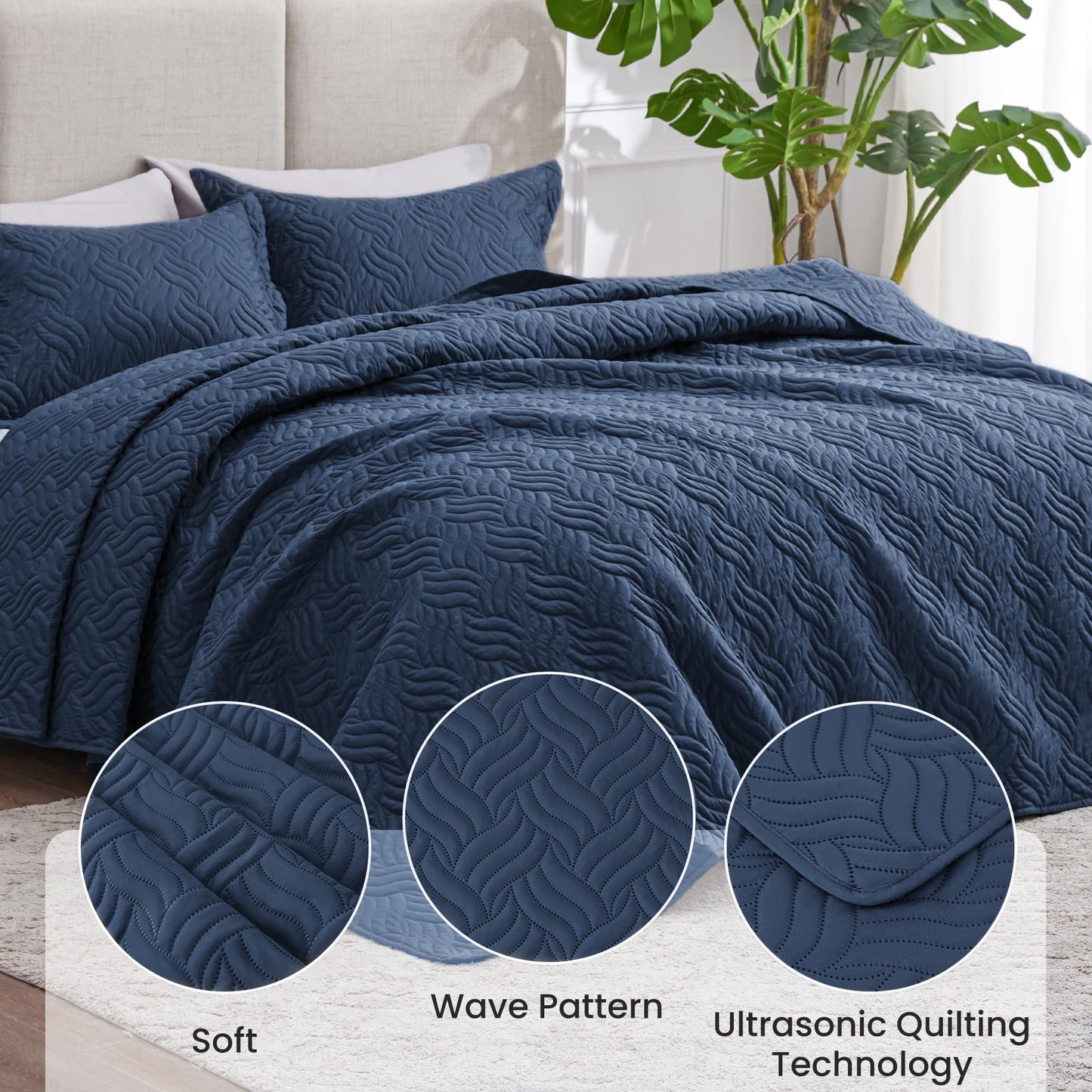 Love's cabin Twin Quilt Set Navy Blue Bedspreads - Soft Bed Summer Lightweight Bedspread Comforter - Modern Style Wave Pattern Coverlet for All Season - 2 Pieces (1 Quilt, 1 Pillow Sham)