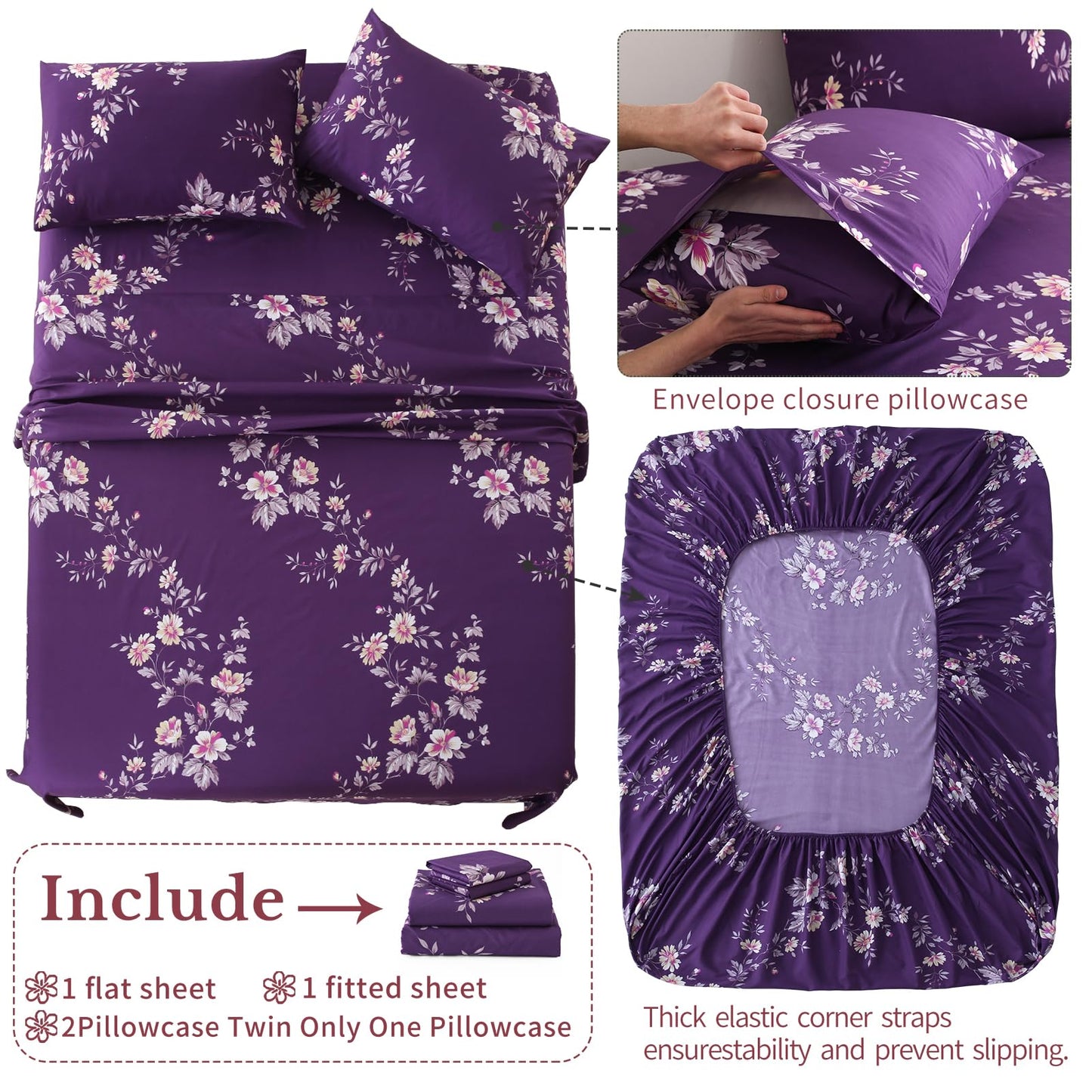MEISHANG Queen Sheet Set - Ultra Soft Floral Sheets 100% Microfiber,1800 Thread Count Floral Bed Sheets Oeko-Tex Certificated - 4 Pieces - Purple Flower