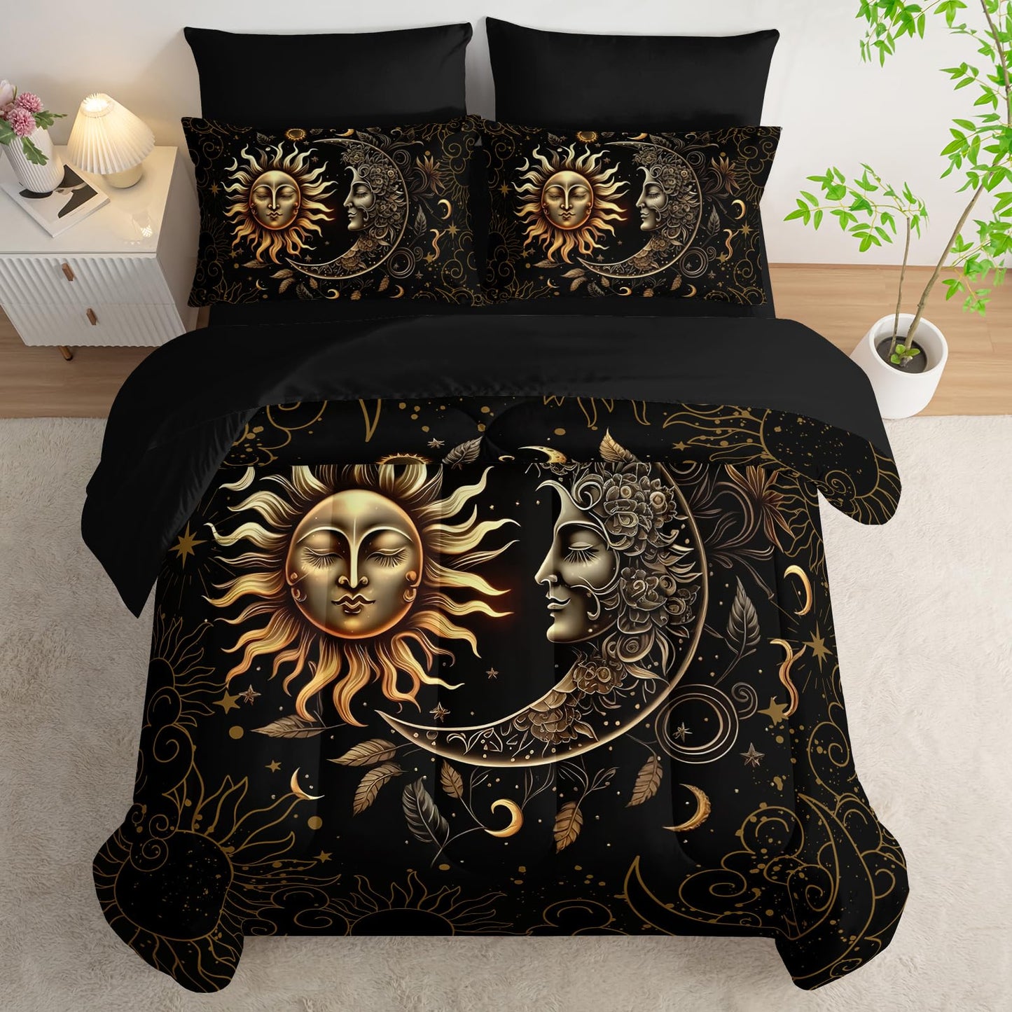 AILONEN Sun and Moon Comforter Set Twin - 7Pcs Soft Black Gold Boho Bed in a Bag -Including Comforter,Fitted Sheet,Flat Sheet,2 Pillowcases,2 Pillow Shams for Room