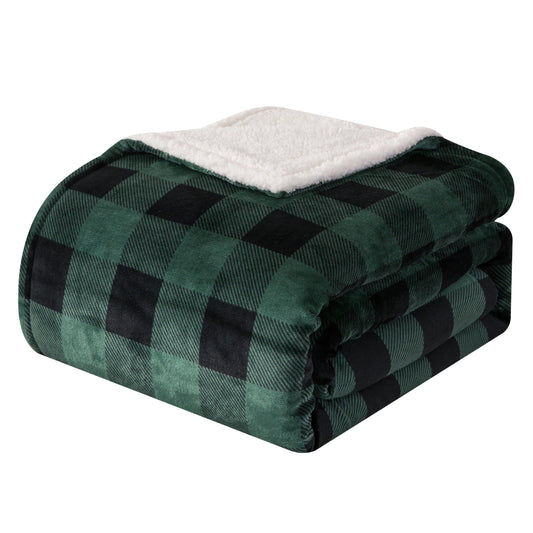 Elegant Comfort Luxury Ultra-Plush Velvet Touch Buffalo Plaid Fleece Throw - Soft, Warm, Cozy Micromink Sherpa-Backing Reversible Blanket for Bed, Sofa and Couch, Buffalo Green