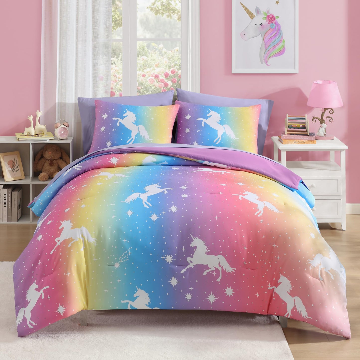 Wink Deer Full Size Comforter Set for Girls-7 Pieces Rainbow Unicorn Full Bedding Sets for Kids, Ultra Soft Bed in A Bag with Sheets