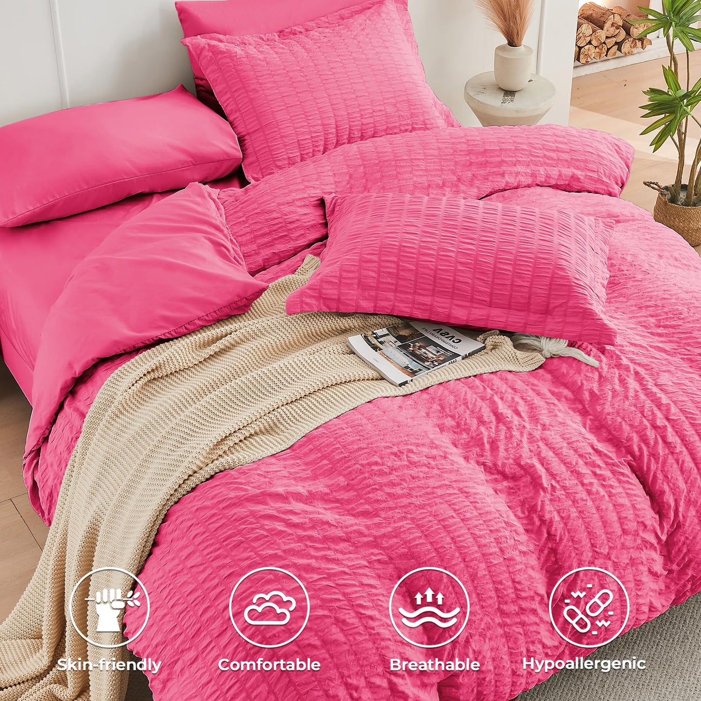 HYMOKEGE Hot Pink Twin Comforter Set Seersucker 5 Pieces, All Season Luxury Bed in a Bag for Bedroom, Bedding Set with Comforter, Sheets, Pillowcase & Sham
