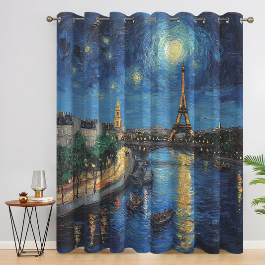 Efvrysm Paris Eiffel Tower Curtains, Cityscape Window Curtains, Starry Night Blackout Curtains for Bedroom Living Room Home Decor, Patterned Grommet Drapes 72 Inch Length 2 Panels Set