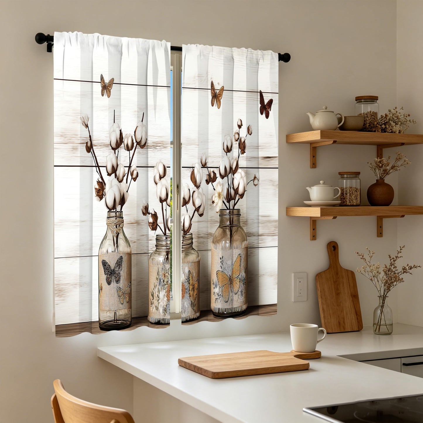Athjunss Butterfly Kitchen Curtain Cafe Tiers Curtain Rod Pocket for Window Kitchen Farmhouse Bathroom Home Decor 2 Panels 28" W x 36" H