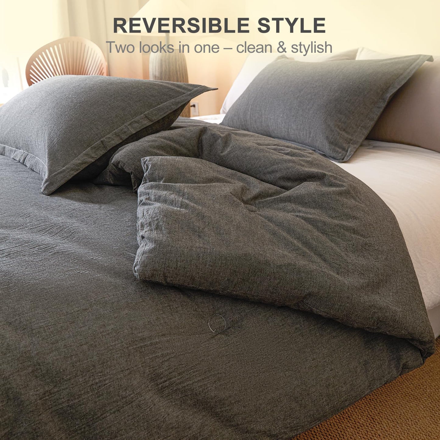 hadamick 100% Cotton Comforter Set Full Size – Reversible Yarn-Dyed Design, Soft Washed Cotton on Both Sides, Lightweight All-Season Bedding, Machine Washable(Black Grey, 80”x90”)