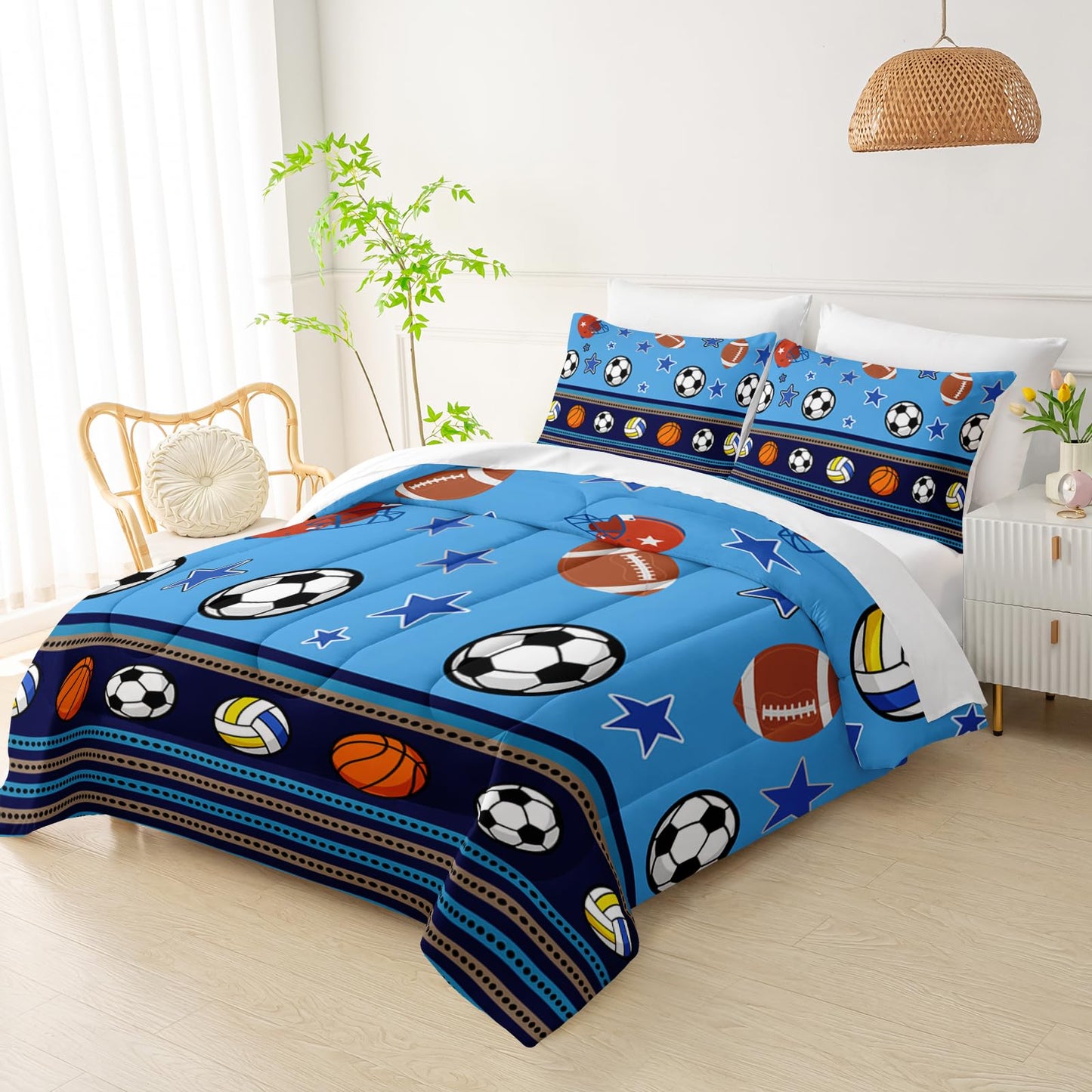QOOMO Sports 7 Pieces Comforter Set Twin Size,Sports Bedding Set for Kids Teens Girls-Include 1 Comforter,1 Fitted Sheet,1 Flat Sheet,2 Printing Pillowcases and 2 Purple Pillowcases
