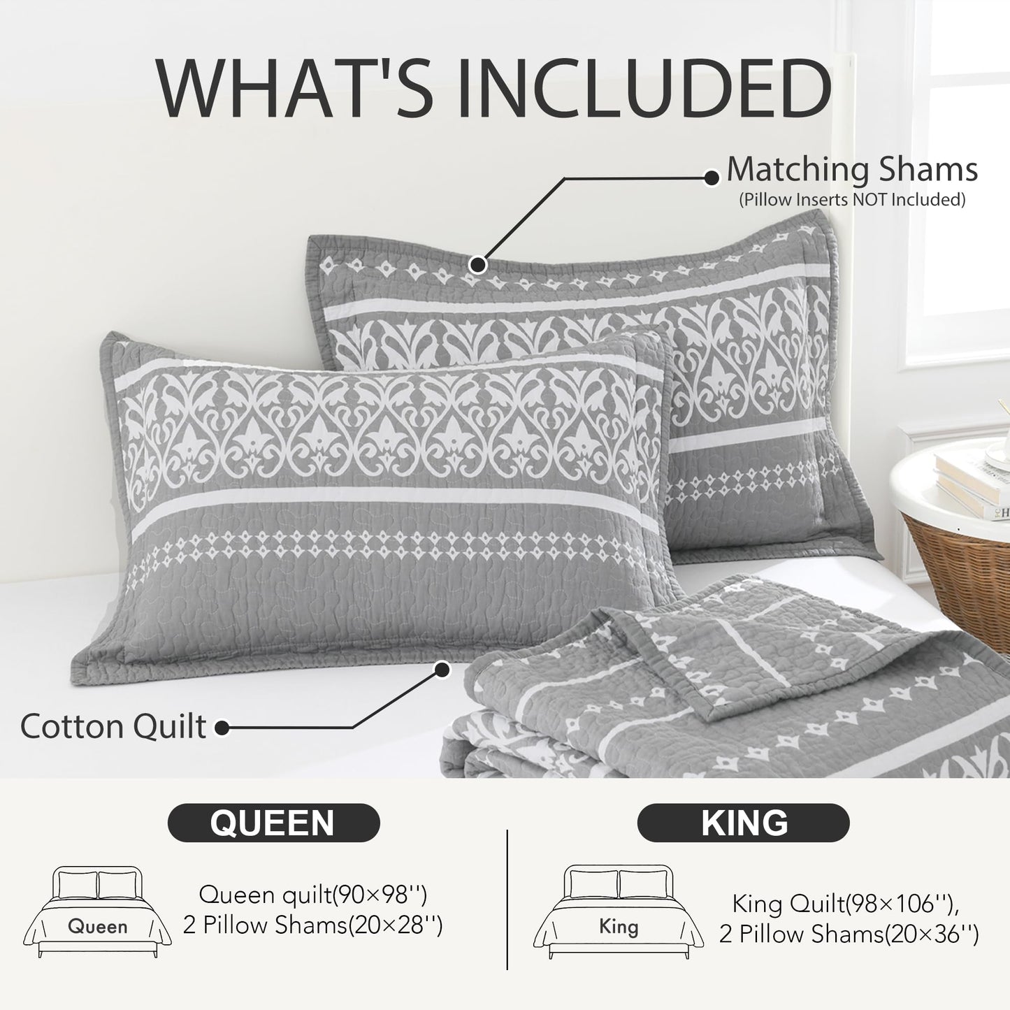 BCOTTOND Queen Quilt Set 100% Cotton Boho Queen Quilt,Grey Bohemian Striped Pattern Bedspread Queen Lightweight Quilt Bedding Set Comforet Set All Season 3 Piece