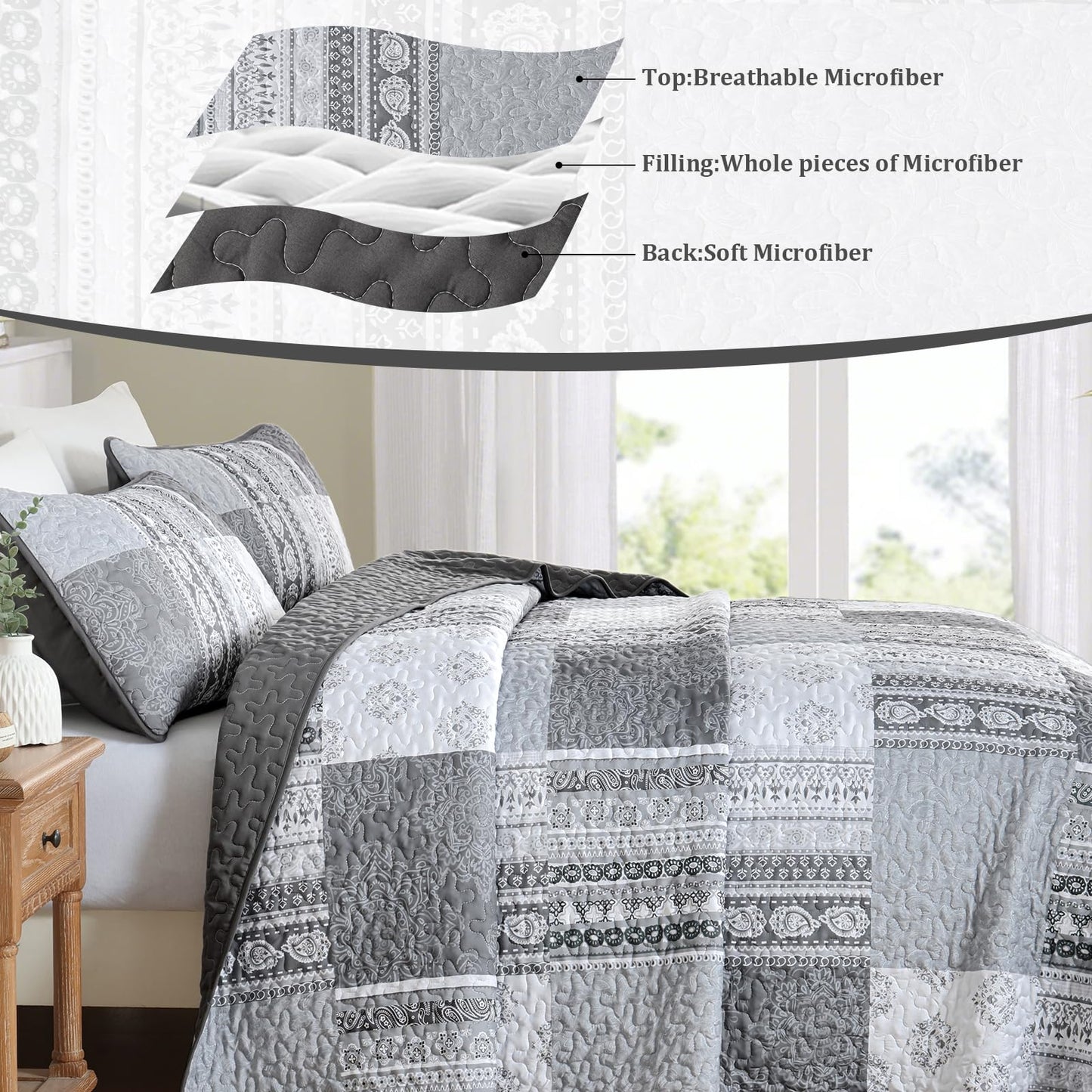 Dintszyayue Grey Quilt Set Queen Size Boho Patchwork Bedspread Coverlet 3 Pieces, Bohemian Floral Plaid Quilt Bedding Set Soft Microfiber Summer Bedding Bedspread Set, 96''x90''