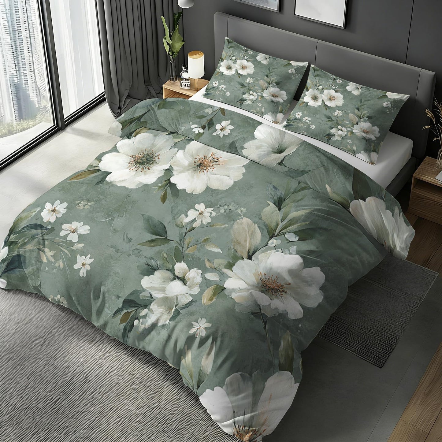 Floral Duvet Cover Queen, Botanical Leaves Bedding Set 3 Piece & 2 Pillowcases, White Flower Bedroom Decor, Reversible Soft Microfiber, Zipper Ties