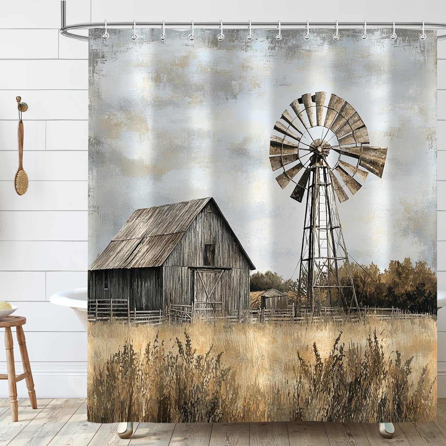 Sokdcam 4PCS Rustic Barn Windmill Shower Curtain Set, Western Farm Barn Farmhouse Bathroom Accessories with Non-Slip Rugs, Toilet Lid Cover Bath Mat and 12 Hooks, Home Decor 72" x 72"