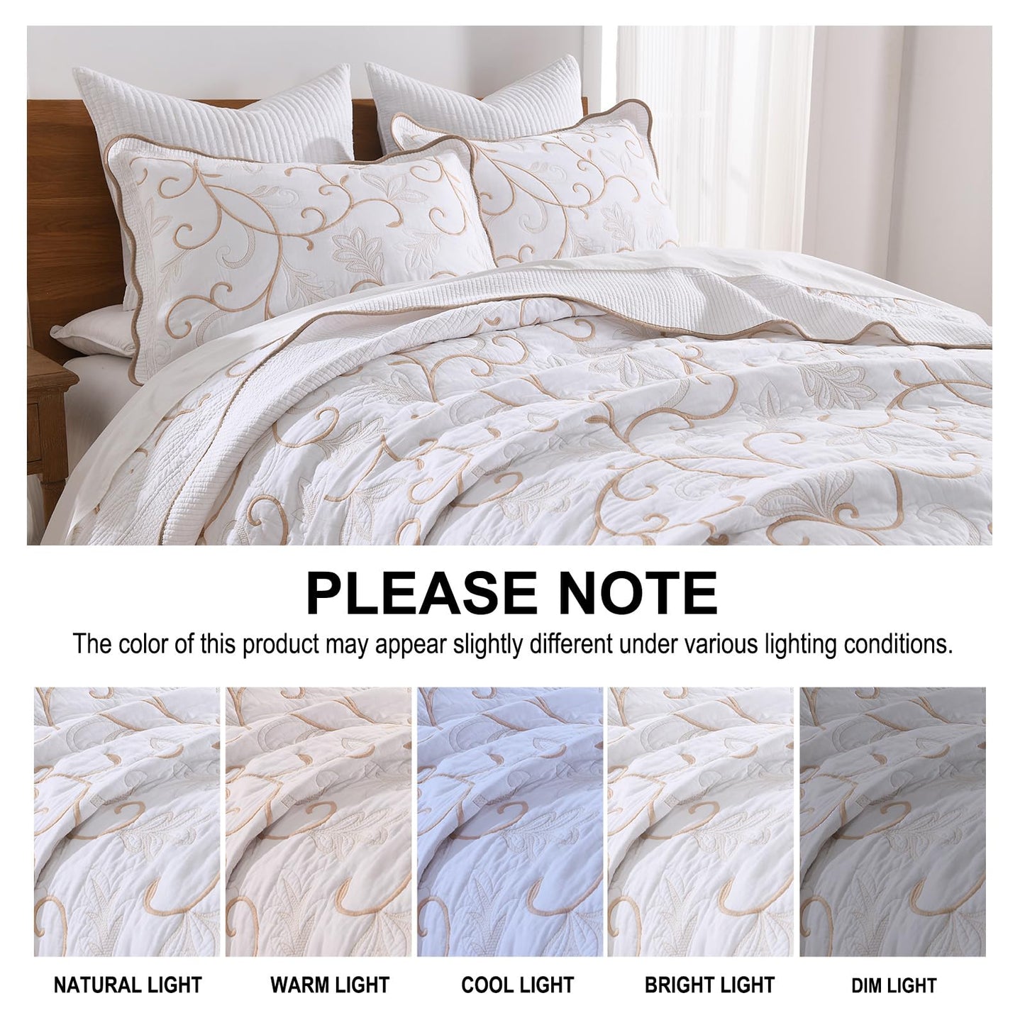 FineStichery 100% Cotton Oversized Bedspread Quilt Coverlet Set, 128"x120" Extra Large Cal King Bedspreads with Pillow Shams, Lightweight Embroidered Bedding Cover 3 Piece, White/Beige