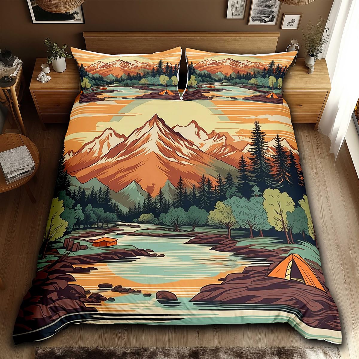 Mountain River Duvet Cover Set Full Size,Retro Adventure Theme Comforter Cover 3Pcs,Nature Scenery Tent Bedding Set Kids Boys Girls Room Decor,Camping Bedspreads Cover,2 Pillowcases(NO Comforter)