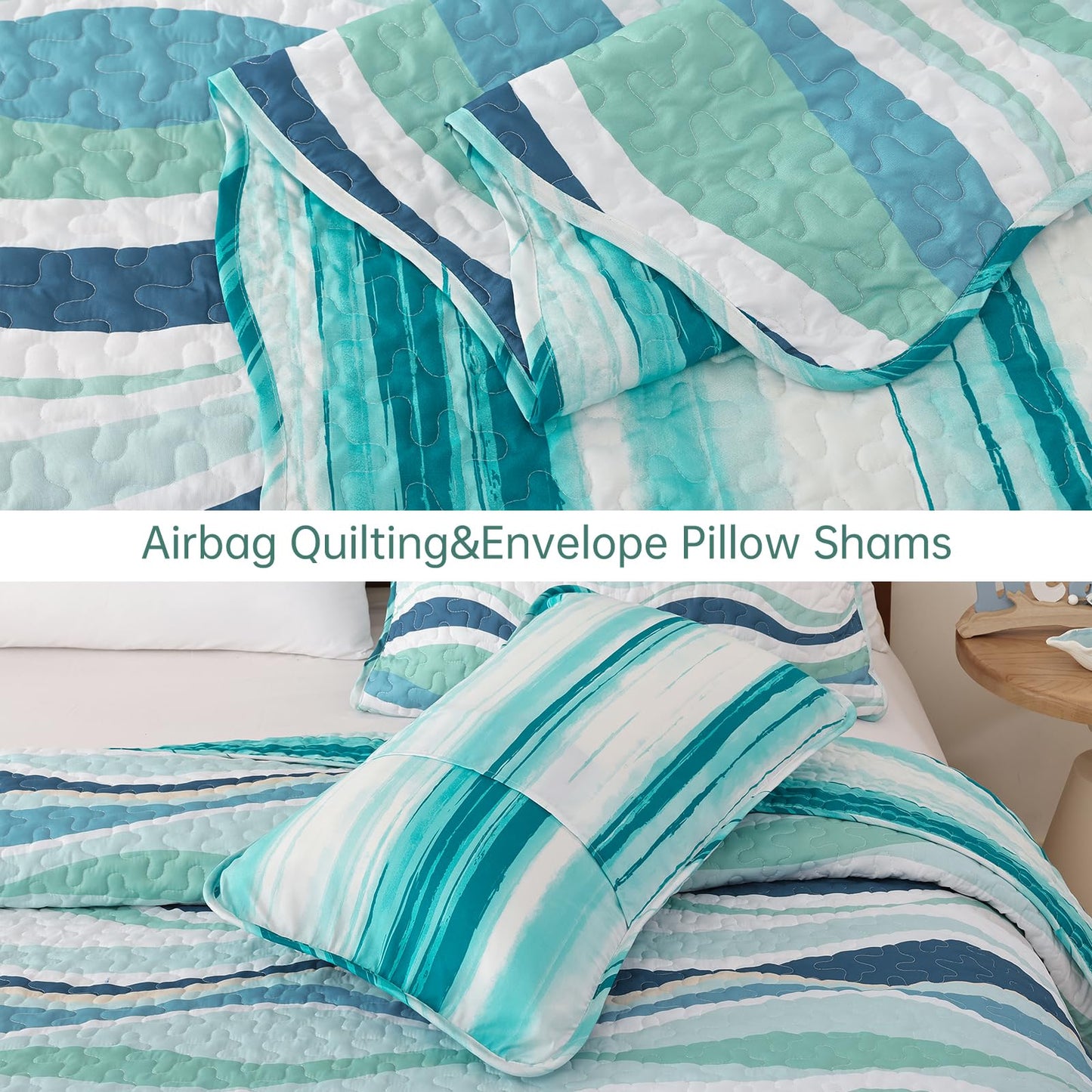 DJY Green Seawaves Ocean Quilt Set King Coastal Beach Theme Quilt Coverlet Soft Microfiber Reversible Bedspread with 2 Pillow Shams 3 Pieces Nautical Stripe Bedding Quilt for All Season 104"x90"