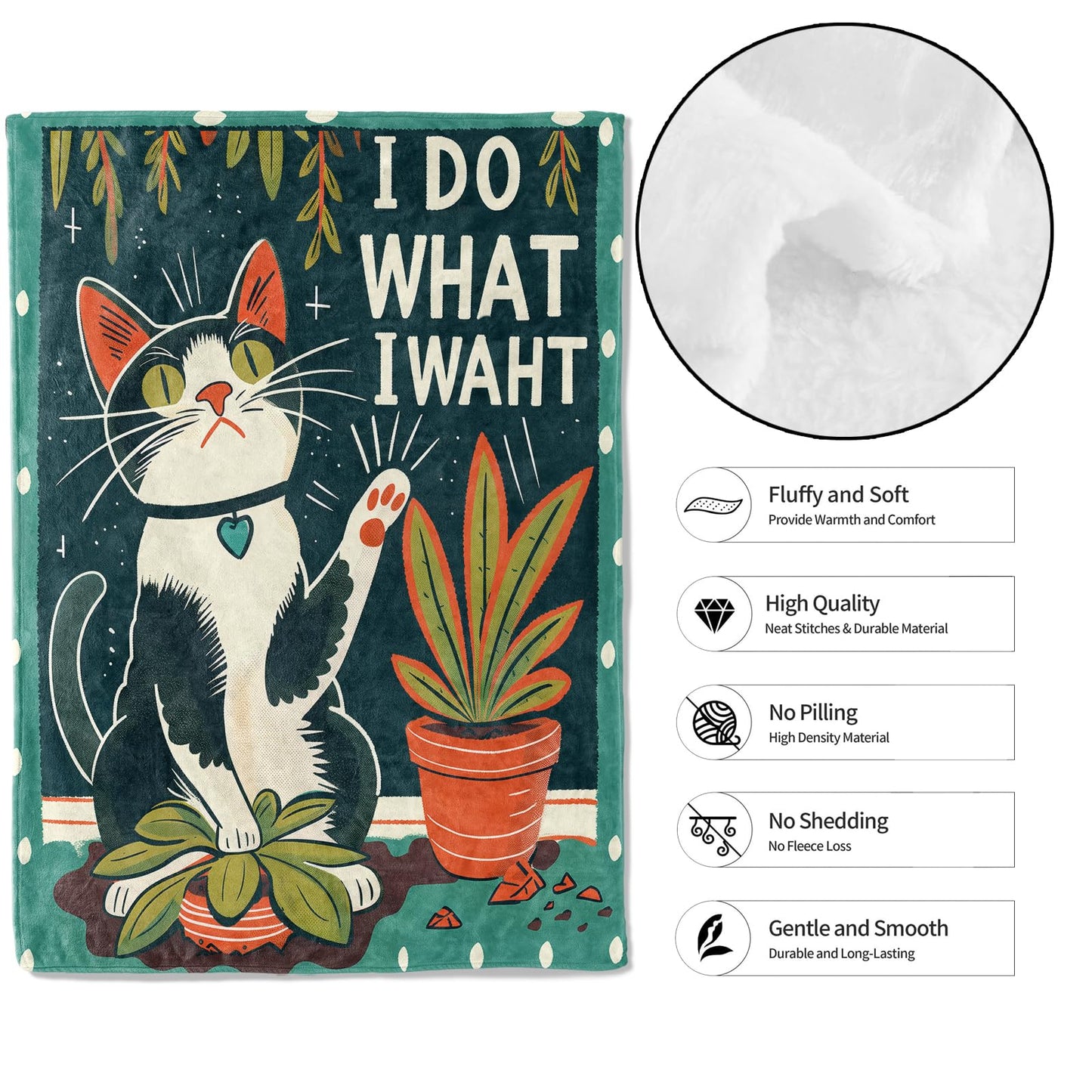 MIEPOS Funny Cat Throw Blanket, 50x60in, Soft, Lightweight Flannel,Retro Cartoon Style Black and White Kitten with “i Do What I Waht” Quote Blankets, Gifts for Kids, for Home Living Room Decor