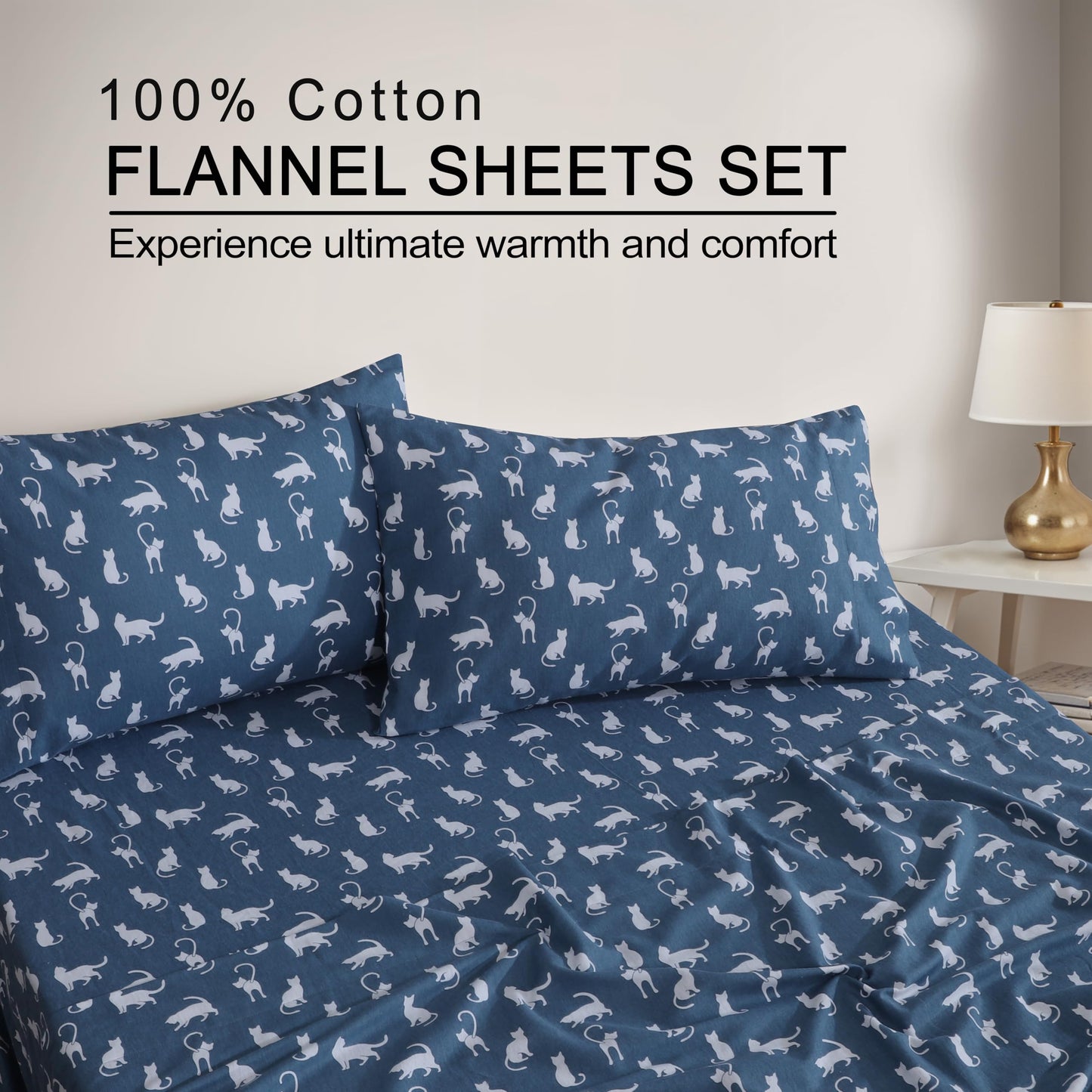 ZOYER Flannel Sheets Queen Size - 100% Cotton Double Brushed Bed Sheets, Deep Pockets 16 Inches Queen Sheet Set, All Seasons Breathable & Extra Soft - Warm & Cozy, 4 Piece, White Cat