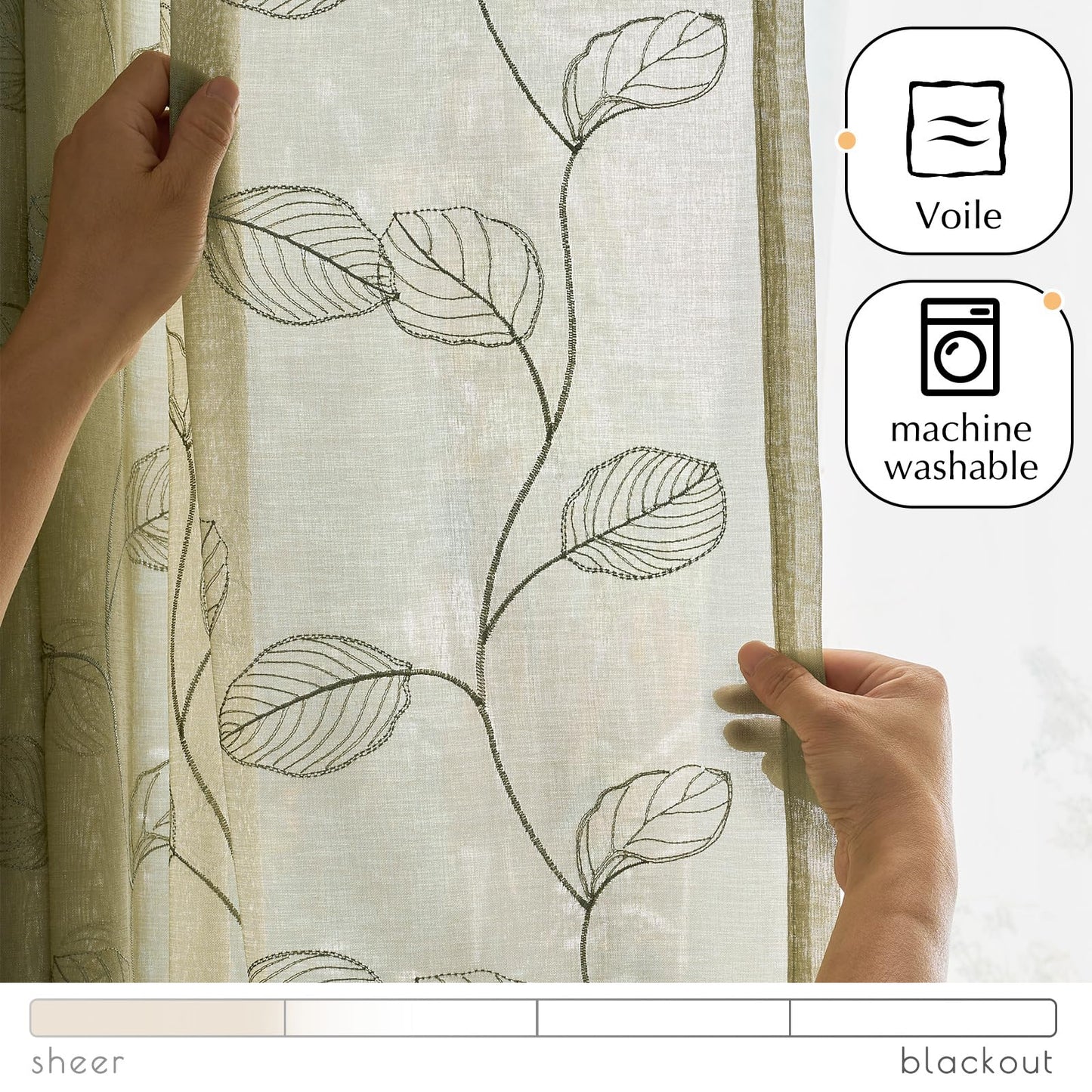 jinchan French Door Curtain Privacy Rustic Leaf Embroidered Semi Sheer Voile Front Curtain for Window Doorway Closet, Door Panel with Tieback Rod Pocket 1 Panel 55W x 40L Inch Sage Green