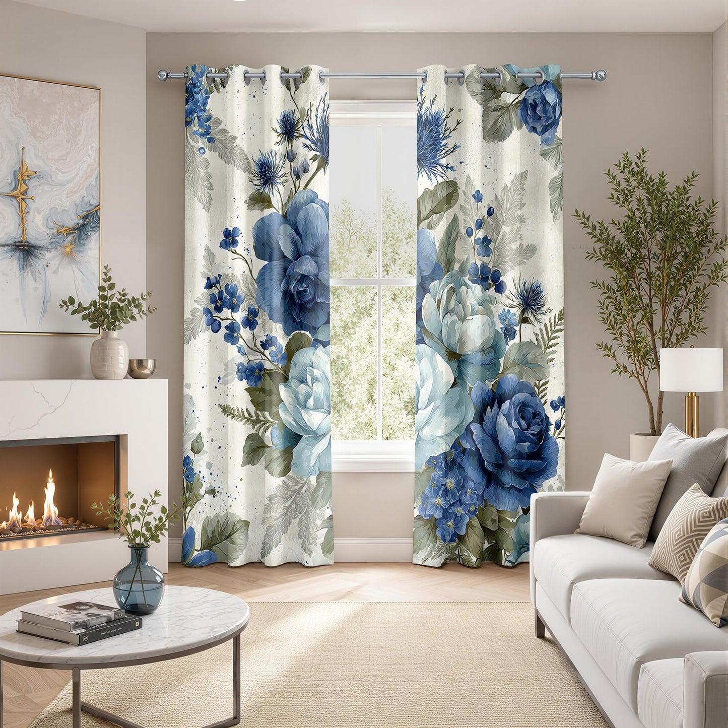 Peony Curtains 63 Inch Length 2 Panels Set, Vintage Farmhouse Blue Rose Floral Botanical Patterned Blackout Curtains for Bedroom Living Room, Thermal Insulated Room Darkening Grommet Drapes