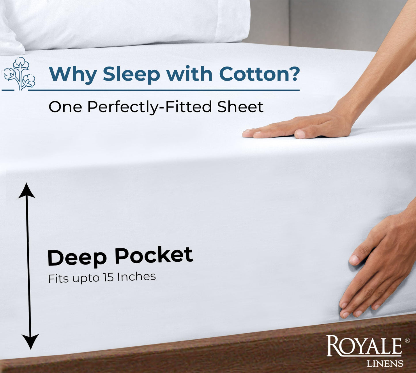 Royale Linens 100% Organic Cotton Fitted Sheet - Percale Weave - Super Soft Deep Pocket Bottom Sheets - White Elastic Sheet Full Size - Full Fitted Sheets Only - (54"x75"+15", White)