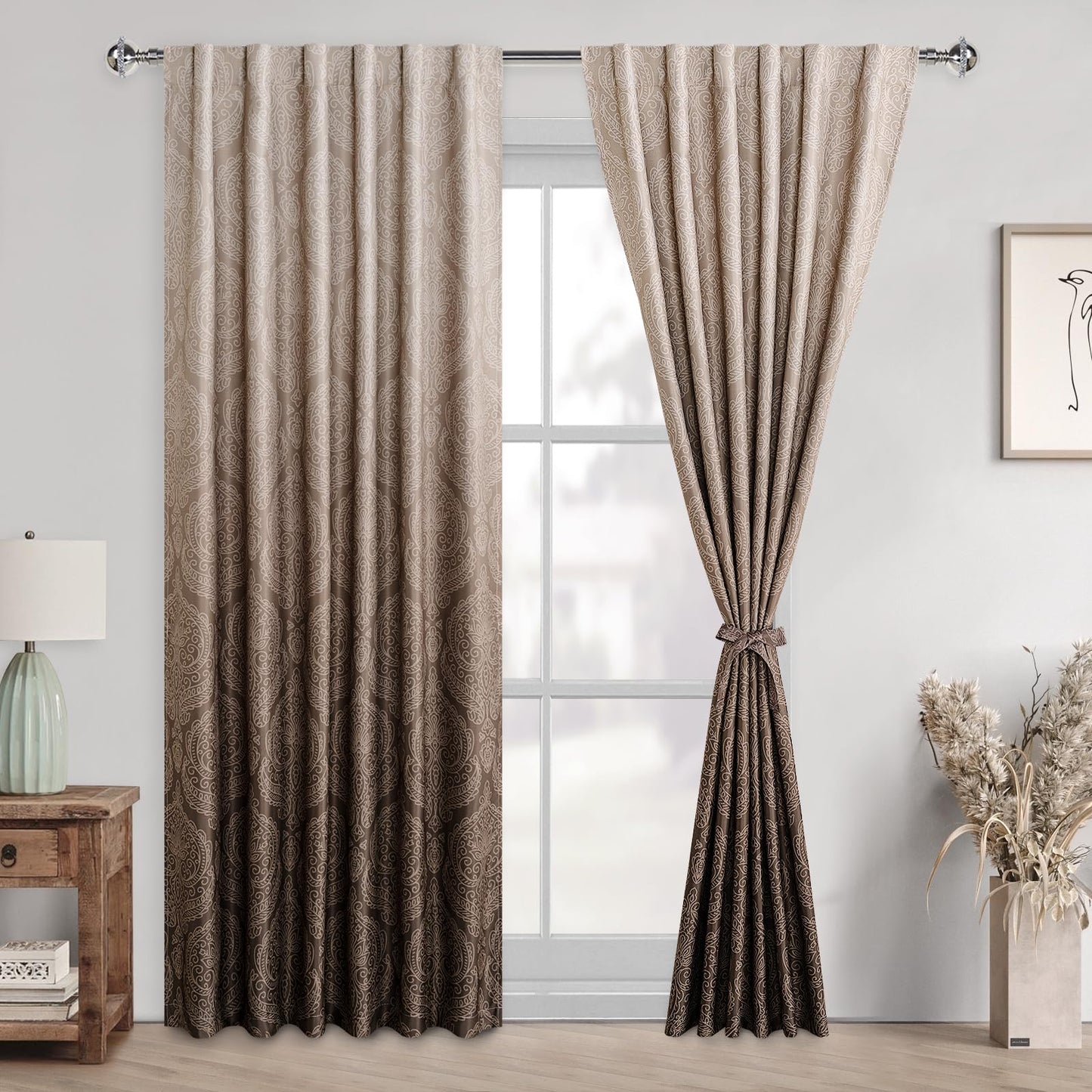 DWCN Brown Blackout Curtains 84 inches Length - Ombre Damask Patterned Back Tab/Rod Pocket Window Drapes with Tiebacks Thermal Insulted Curtains for Bedroom/Living Room, 2 Panels, W52 x L84