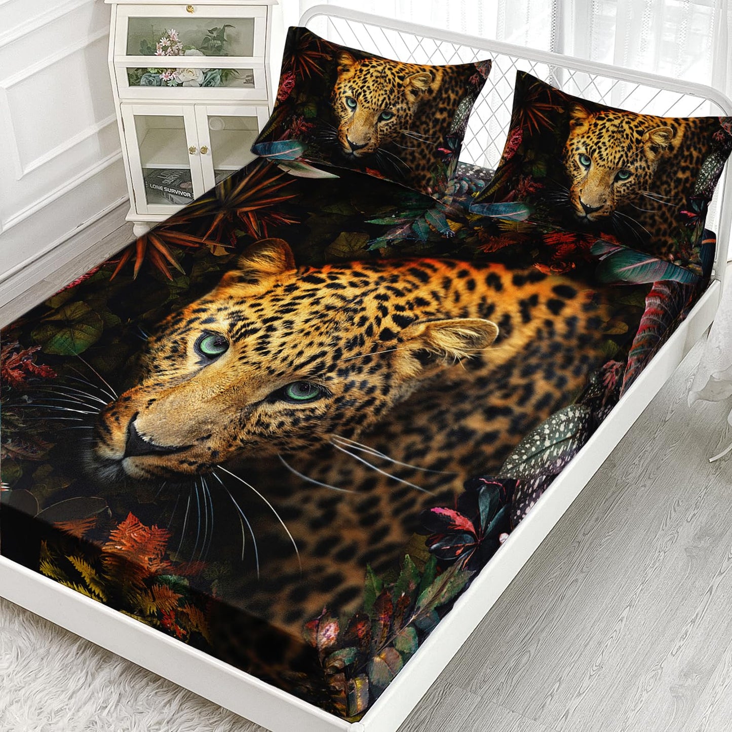 AILONEN Boys Leopard Fitted Sheet Set Twin XL Size, 3D Safari Animal Cheetah Bed Sheet Set,Botanical Leaves Floral Sheet Set 3 Pieces, 1 Fitted Sheet and 2 Pillowcases