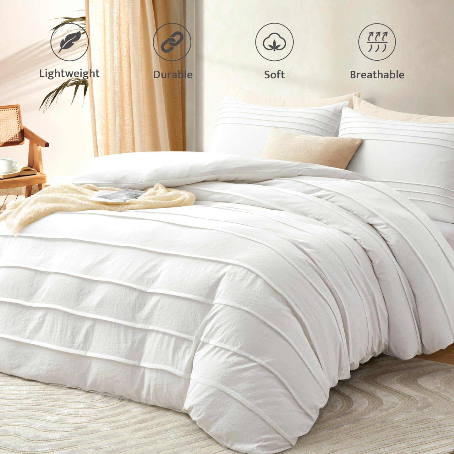 Oli Anderson White Duvet Cover Queen Size - Pleated Queen Duvet Cover, 3PCS Soft and Breathable Textured Bedding Set with Zipper Closure(White,90"x90")