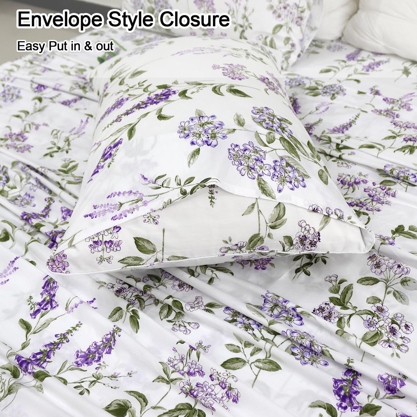 Helthep Floral Sheet Set King Size 100% Cotton Purple Floral Pattern Sheets Botanical Shabby Printed Bed Sheets Set Luxury Percale Warm 17.5" Deep Pocket Ultra Soft and Beathable, 4Pcs