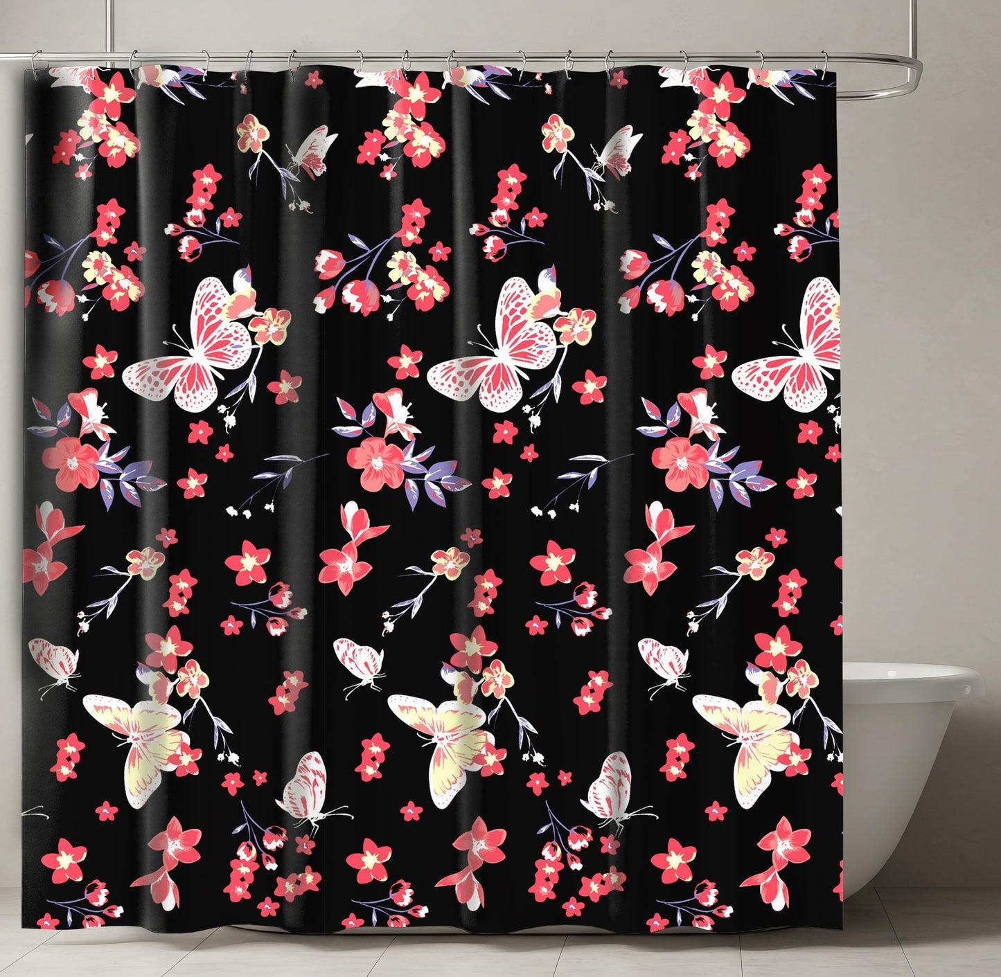 SDIII Pink Butterfly Shower Curtain Set 72x72 Inch, Waterproof Microfiber Pink Butterfly Floral Shower Curtain, Botanical Wildflowers Bathroom Decor
