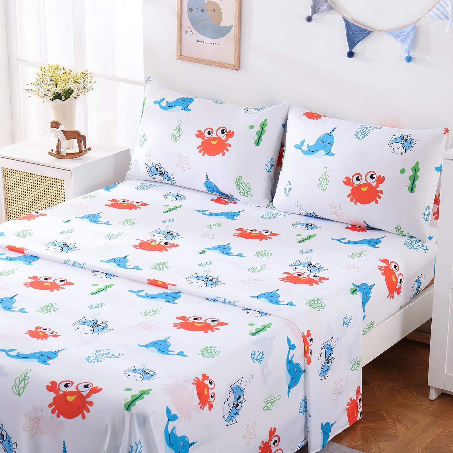 Yibeizi Twin Sheets Set Kids Beach Bedding Coastal Bed Sheets for Boys Ocean Print Bedsheets Microfiber Deep Pocket Nautical Patterned Bed Sheet & Pillowcase Sets 3 Pieces