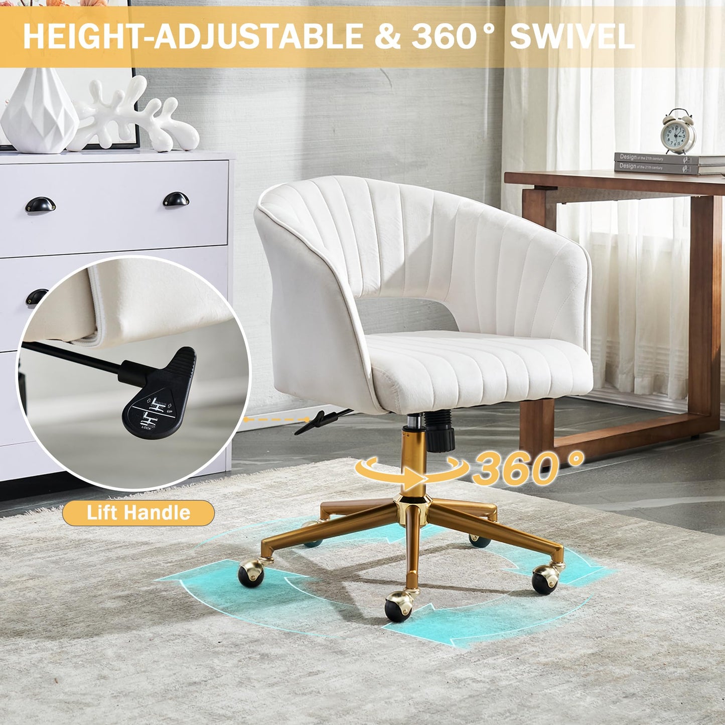 Kiztir Vanity Chair with Wheels, Criss Cross Velvet Vanity Chair with Back Modern Home Office Desk Chair Swivel Accent Chair for Bedroom Living Room (Beige)