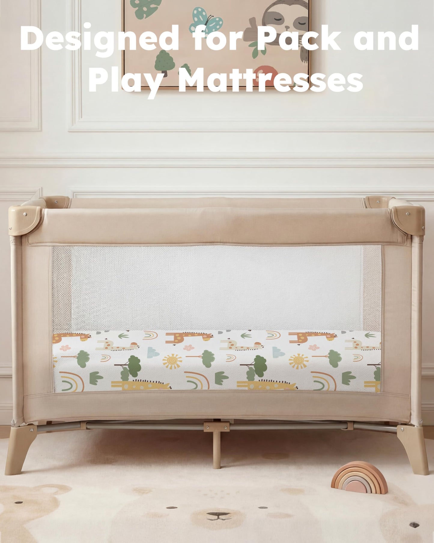 Nyessmee Pack and Play Sheets for Boys Girls, 38" x 26" Mini Crib Sheets Fitted for Pack n Play Mattress, Soft Breathable Playard Sheets, 2-Pack Khaki Giraffe