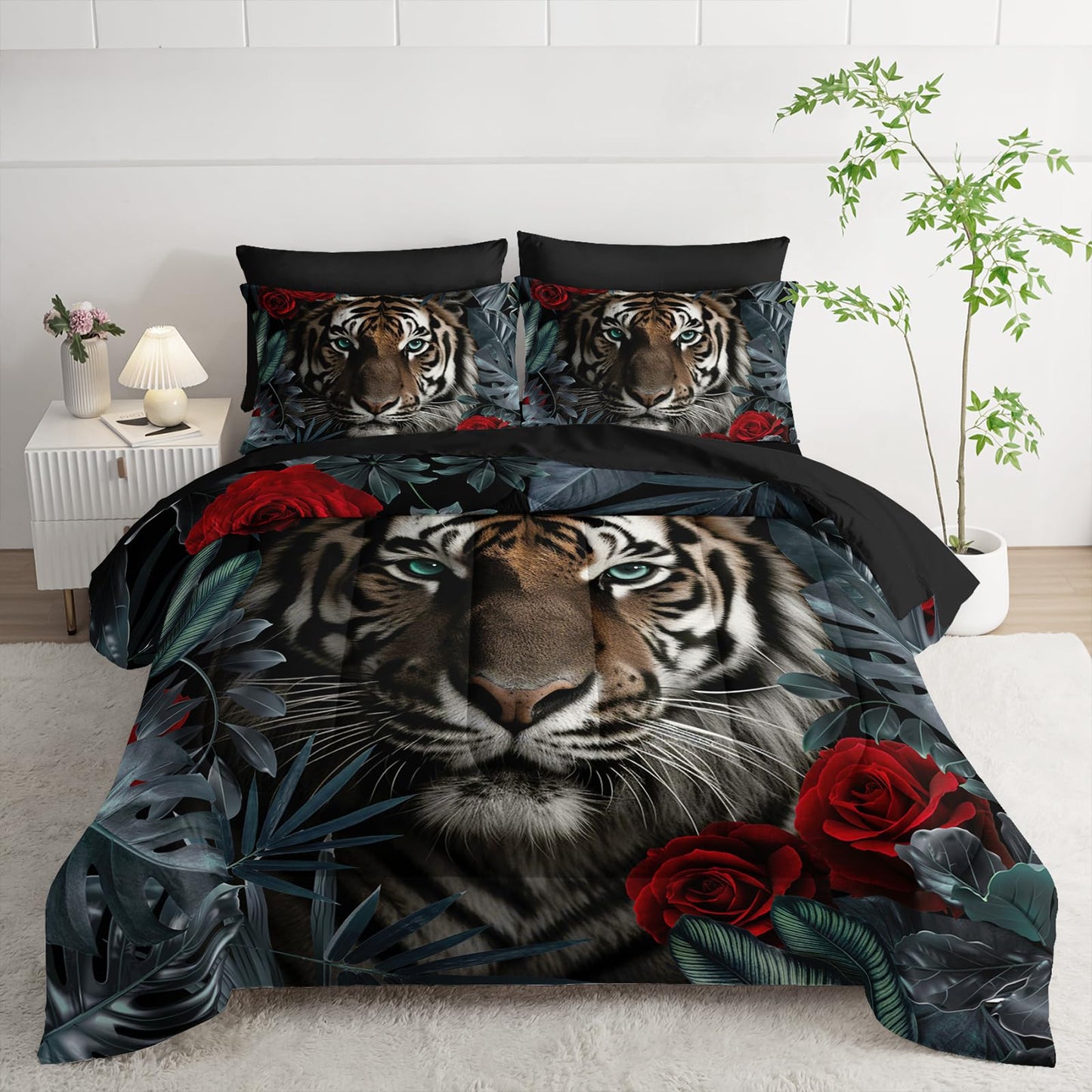 Nttopship Boys Tiger Comforter Set Bed in A Bag Twin Size 7PCS Red Rose Bedding Set,Bed Sheet Set Wild Animal Printed Room Decor for Girls Boys Kids,Microfiber Lightweight All Season