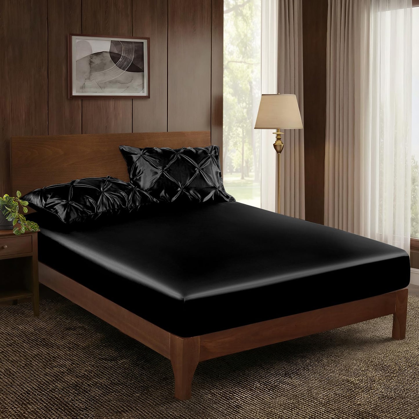 P Pothuiny 3-Piece Set Pintuck Satin Pillowcases & Twin Fitted Sheet, Black Satin Sheet Silky Soft Luxury Romantic Pinch Pleated Bedding Bedroom Dorm Decor, 15 Inch Deep Pocket