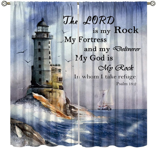 wlsgdsg Lighthouse Blackout Curtains, Blue Watercolor Ocean Coastal Waves Nautical Decor Window Treatments, Bible Verse Rod Pocket Drapes for Bathroom Living Room, 42x45in