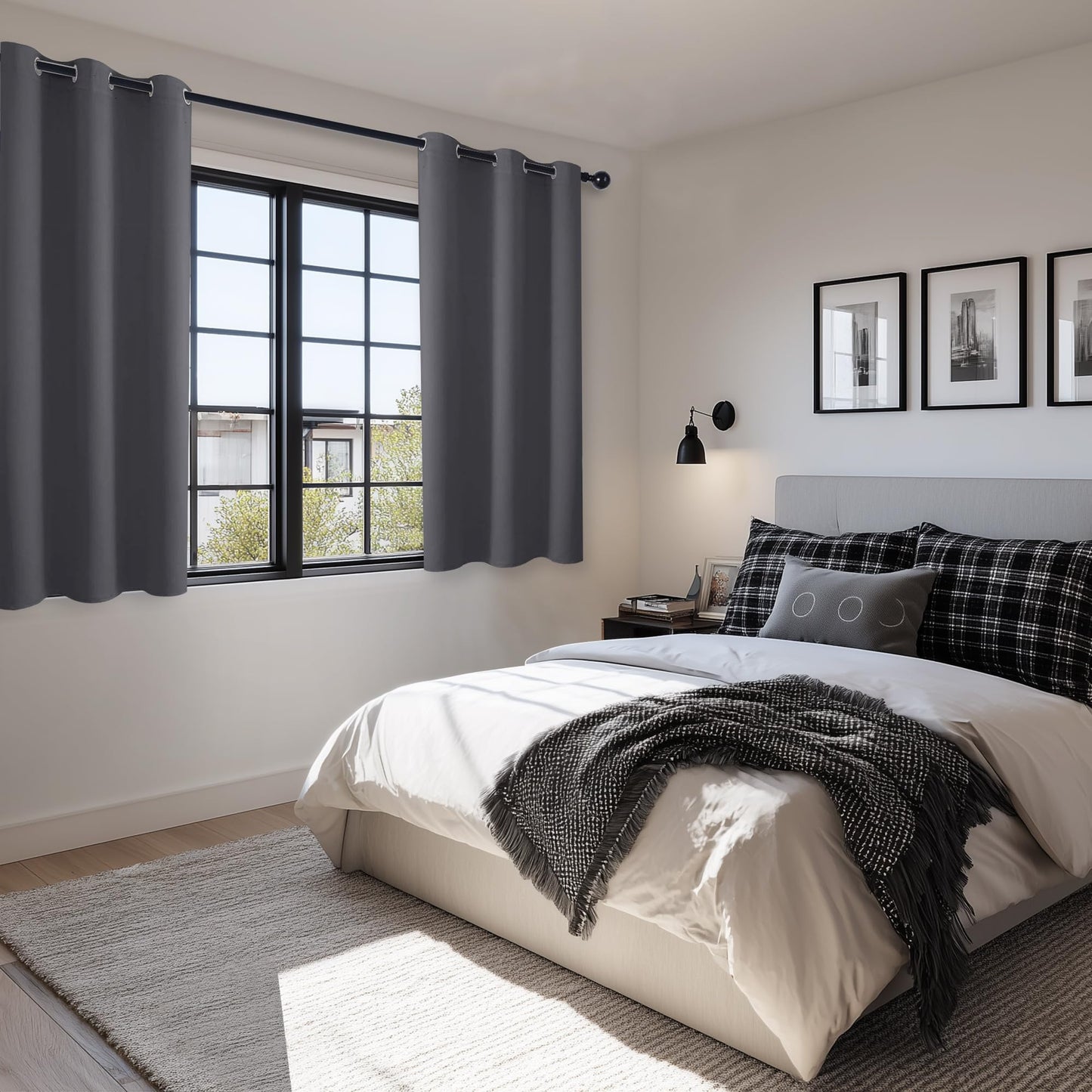 Hiasan Short Blackout Curtains for Bedroom - Thermal Insulated & Light Blocking Window Curtains for Living Room, 2 Drape Panels Sewn with Tiebacks, Dark Grey, 42 x 45 Inch