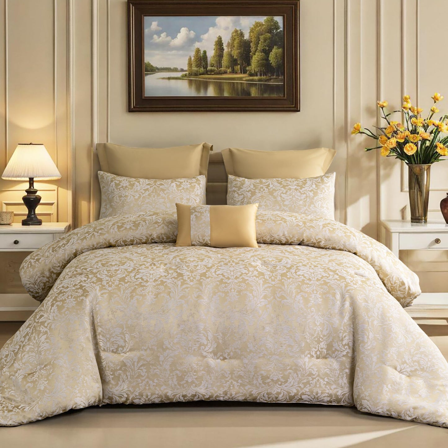 ALPHA HOME Queen Size Jacquard Bedding Comforter Set - All Season Luxurious Elegance With Cushion (1 Comforter, 2 Pillow Shams, 2 Euro Shams)